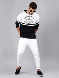 MANIAC Printed Men Hooded Neck White, Black T-Shirt - XL