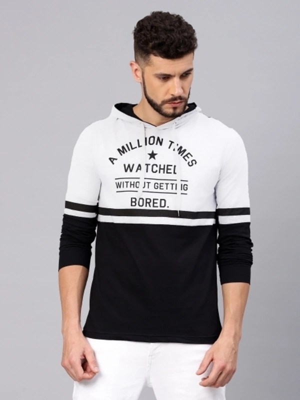 MANIAC Printed Men Hooded Neck White, Black T-Shirt - XL