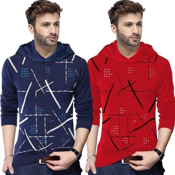 Rawhit Printed Men Hooded Neck Blue, Red T-Shirt - XL