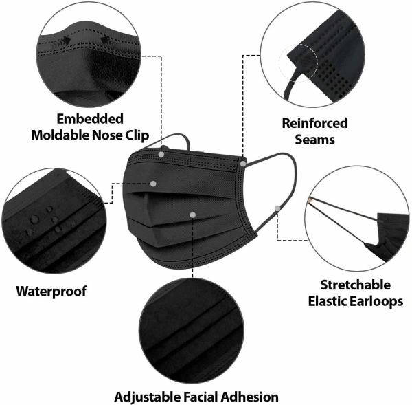 Surgical Face Mask Black - BLACK, 100