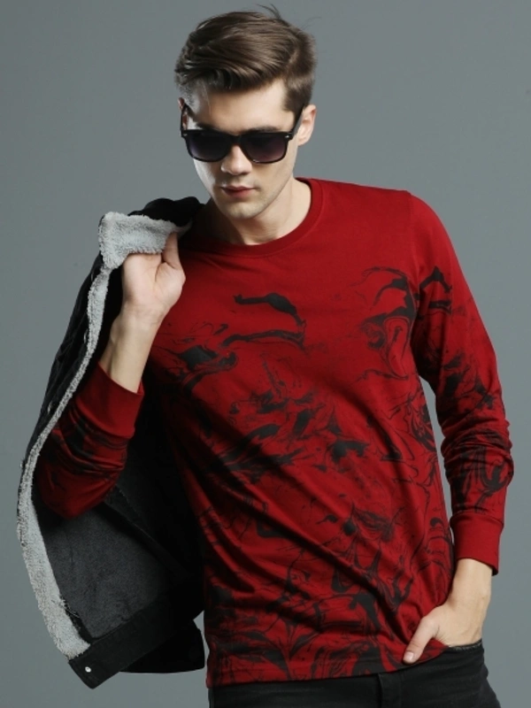 MANIAC Printed Men Round Neck Black, Red T-Shirt - S