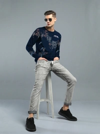Jump Cuts Printed Men Round Neck Dark Blue, Grey T-Shirt - XL