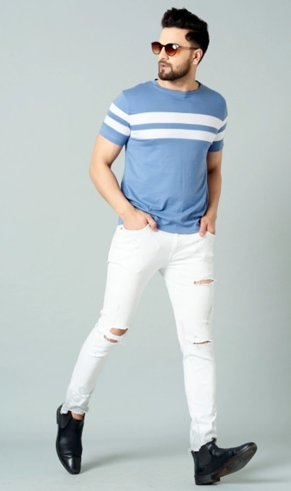 Roden Striped Men Round Neck Blue T-Shirt - M