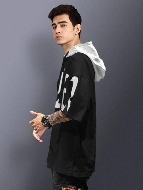 Eyebogler Typography Men Hooded Neck Black, White T-Shirt - L