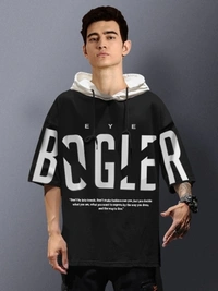 Eyebogler Typography Men Hooded Neck Black, White T-Shirt - XXL