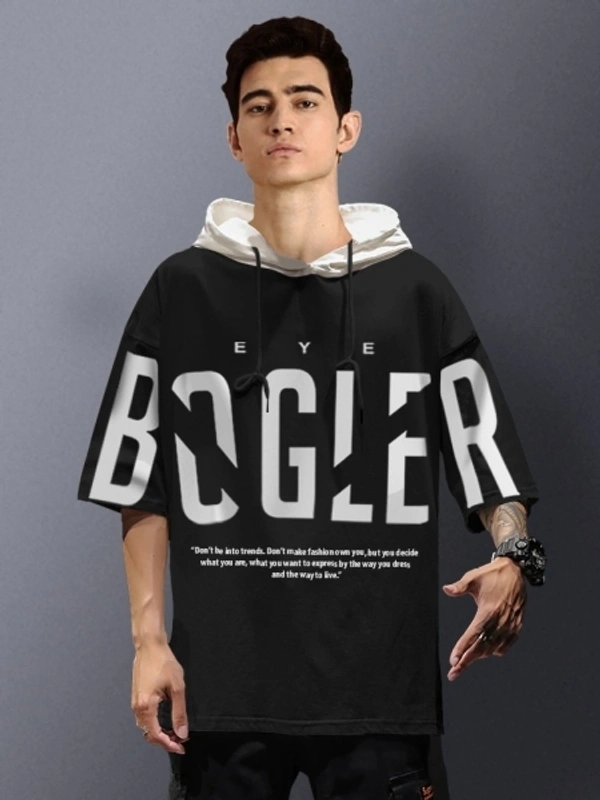 Eyebogler Typography Men Hooded Neck Black, White T-Shirt - XXL