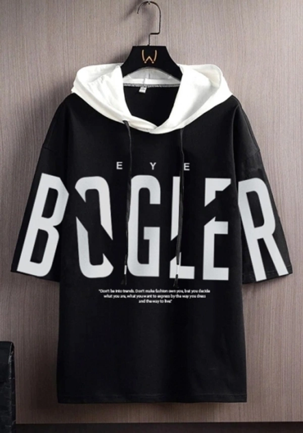 Eyebogler Typography Men Hooded Neck Black, White T-Shirt - XXL
