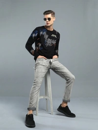 Jump Cuts Printed Men Round Neck Black T-Shirt - XS