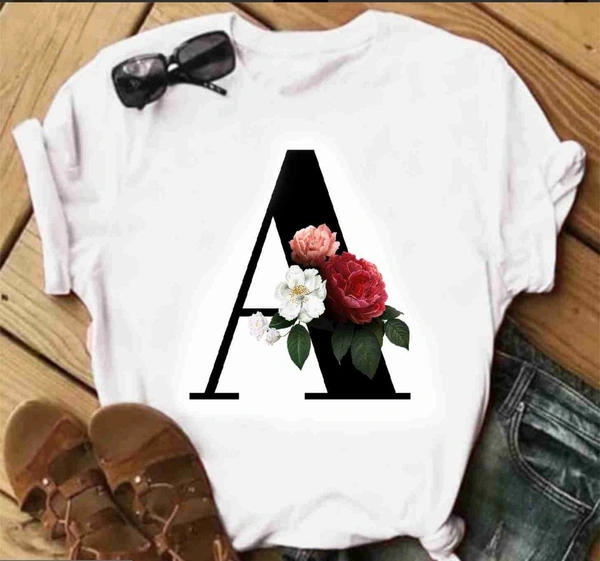 A-alphabet Printed White T-shirt - White , L (Length Size: 25 in)