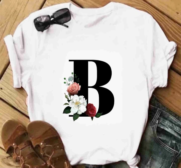 B- Alphabet Printed White T-shirt  - White, L