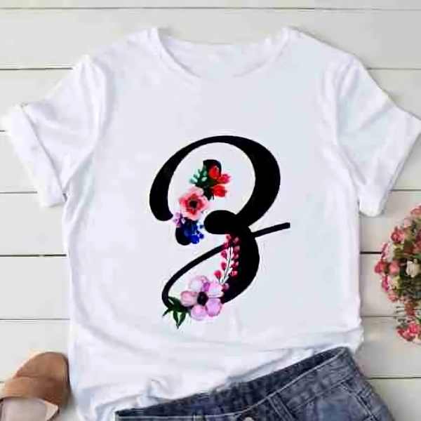 B-alphabet Floral Printed T-shirt - White, L