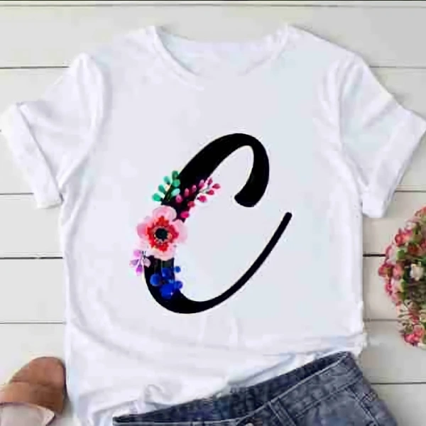 C-alphabet Printed Floral T-shirt  - White, S