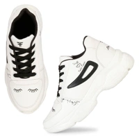 Stylish PU White And Black Printed Running Sports Shoes  - UK 5 