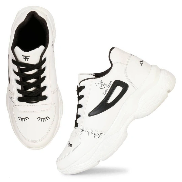 Stylish PU White And Black Printed Running Sports Shoes  - UK 5 
