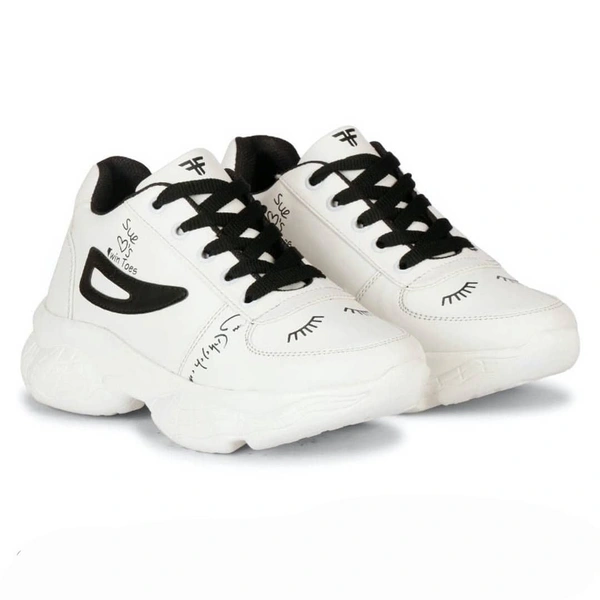 Stylish PU White And Black Printed Running Sports Shoes  - UK 5 
