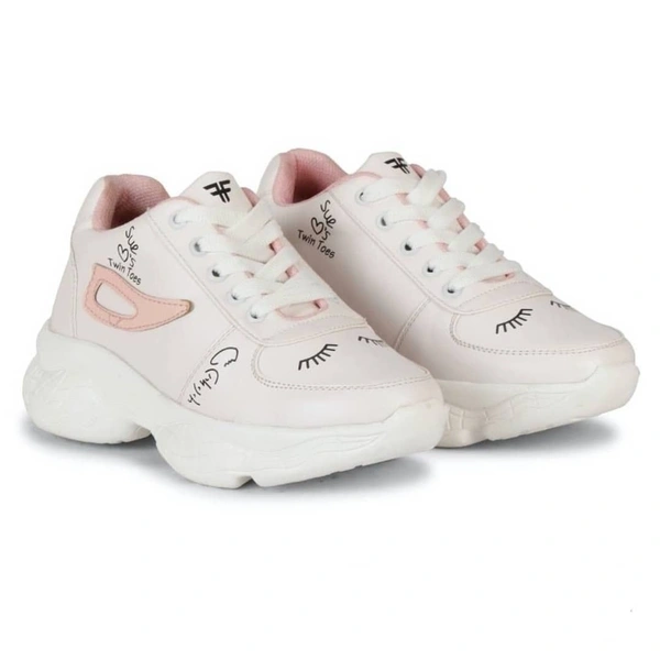 Stylish PU White And Pink Printed Running Sports Shoes  - UK 5