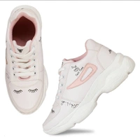 Stylish PU White And Pink Printed Running Sports Shoes  - UK 5