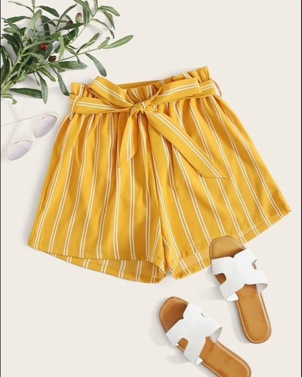 Elegant Polyester Stripped Elasticated Shorts  - Yellow , S