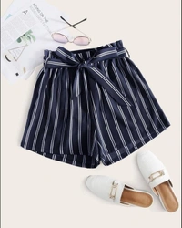 Elegant Polyester Stripped Elasticated Shorts  - Yellow , S