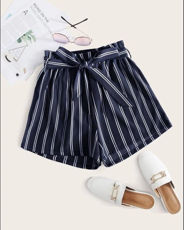 Elegant Polyester Stripped Elasticated Shorts  - Black, S