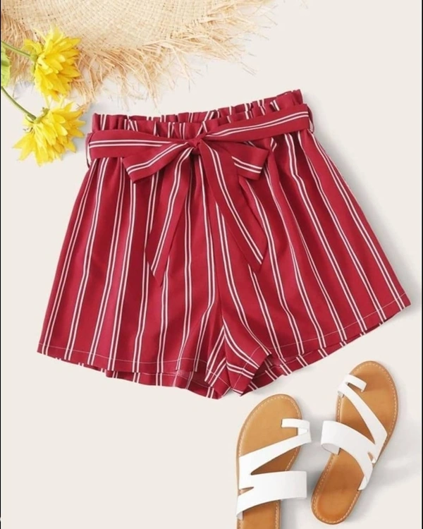 Elegant Polyester Stripped Elasticated Shorts  - Red, S