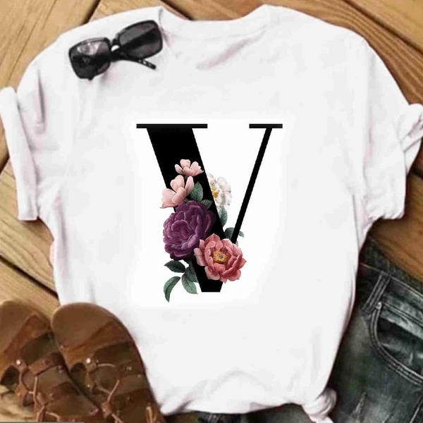 V-Alphabet Printed T-shirt  - L