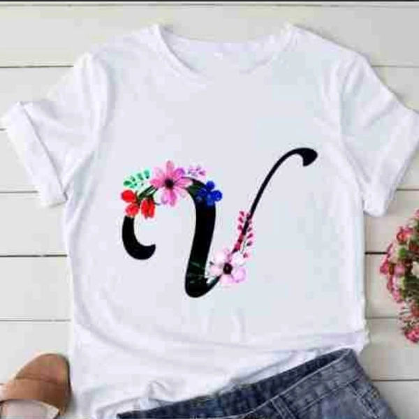 V-Alphabet Printed Floral T-shirt  - L