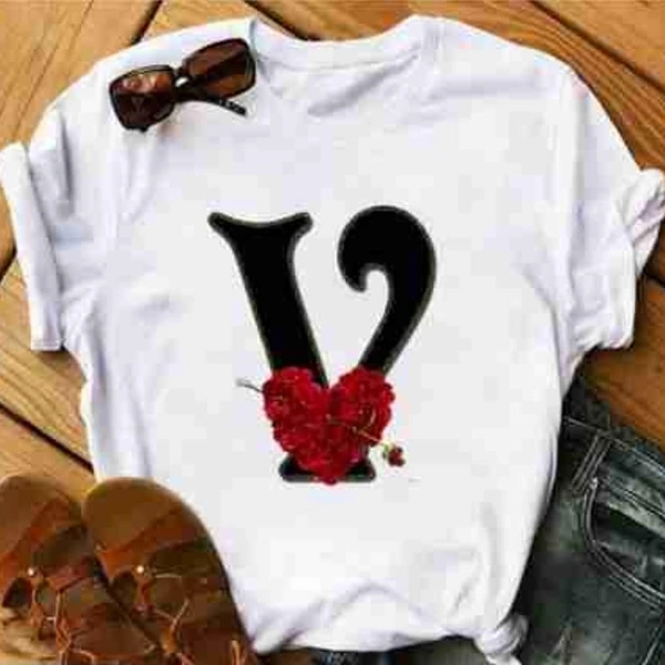 V-Alphabet Printed Heart T-shirt  - L