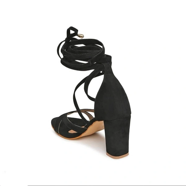 Stylish Velvet Black Solid Lace-Up Heel Sandals - EURO 36