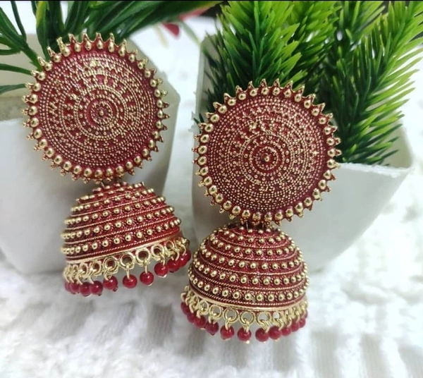 Latest Attractive Brass Beads Jhumka  - Red