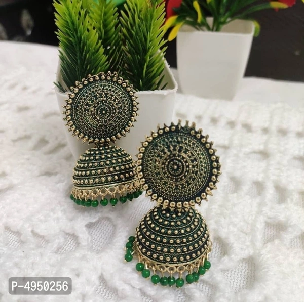 Latest Attractive Brass Beads Jhumka  - Green