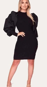 Classic Women Ballon Sleeves Dress - Maroon , S