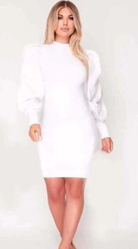Classic Women Ballon Sleeves Dress - Maroon , L