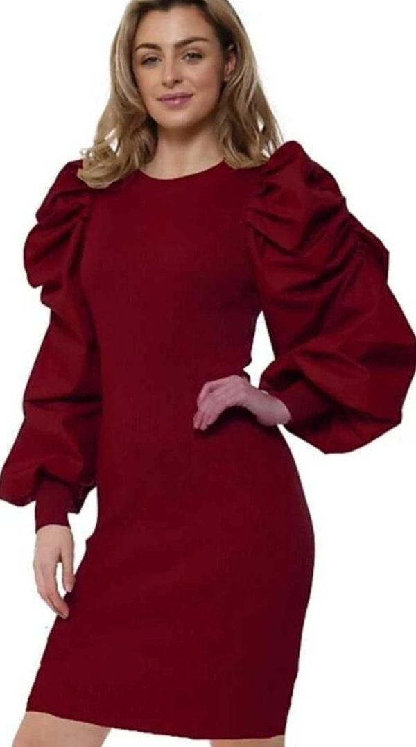 Classic Women Ballon Sleeves Dress - Maroon , S