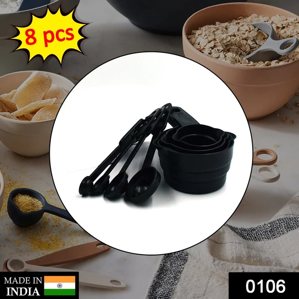 0106 Plastic Measuring Cups and Spoons (8 Pcs, Black) - India, 0.319 kgs