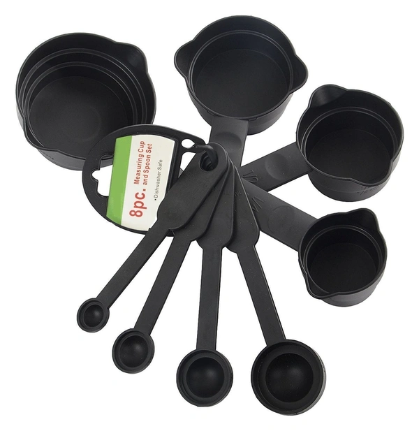0106 Plastic Measuring Cups and Spoons (8 Pcs, Black) - India, 0.319 kgs