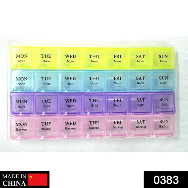 0383 Pill Case- 4 Row 28 Squares Weekly 7 Days Tablet Box Holder Medicine Storage Organizer Container - China, 0.103 kgs