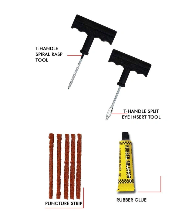 1513 Puncture Repair Kit Tubeless Tyre Full Set with Nose Pliers, Rubber Cement and Extra Strips for Cars, Bikes - 0.124 kgs, China