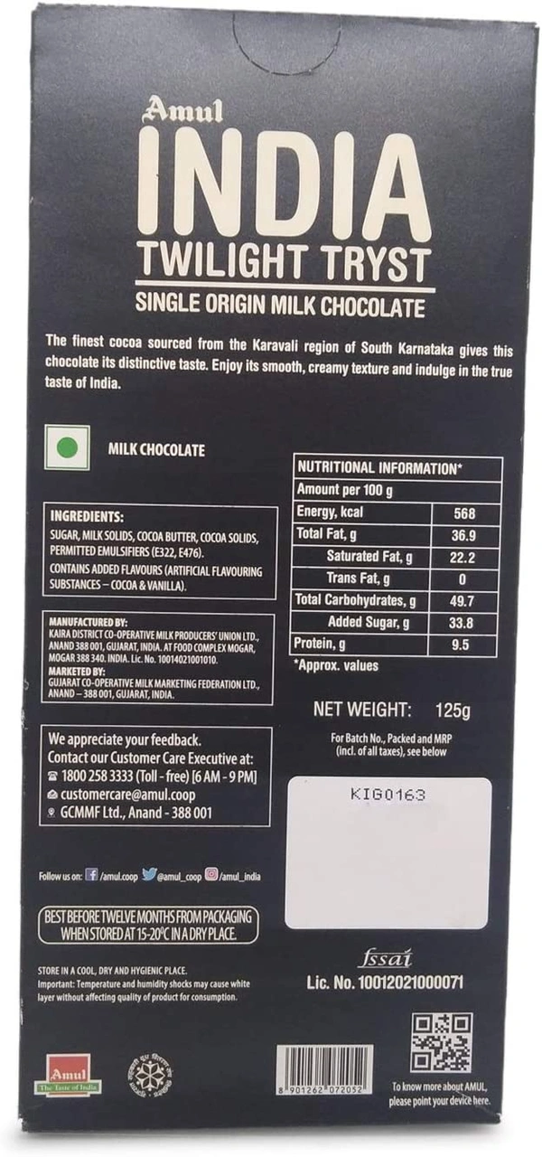 Amul  twilight tryst milk chocolate - 125 Gram ( 1 Pcs )