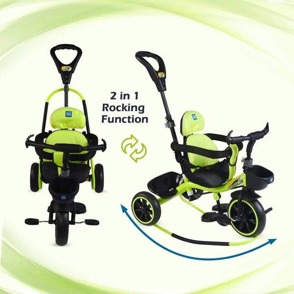 MEE MEE 2 IN 1 KIDS ROCKER TRIKE WITH PARENTAL CONTROL HANDLE | BABY TRICYCLE WITH ROCKING FEATURE, ADJUSTABLE CUSHIONED SEAT & FOOTREST (GREEN)