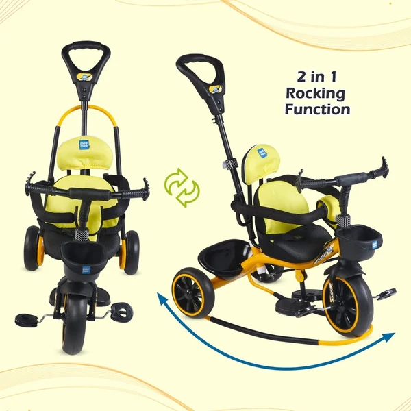 MEE MEE 2 IN 1 KIDS ROCKER TRIKE WITH PARENTAL CONTROL HANDLE | BABY TRICYCLE WITH ROCKING FEATURE, ADJUSTABLE CUSHIONED SEAT & FOOTREST (YELLOW