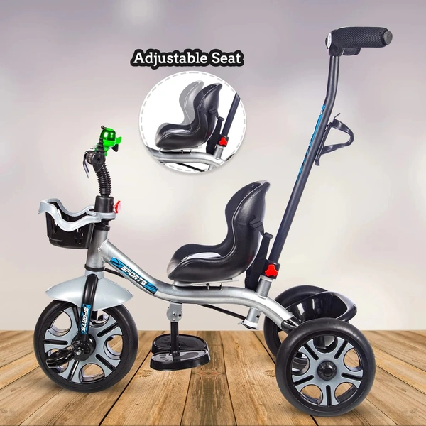 MEE MEE PREMIUM BABY TRICYCLE WITH ADJUSTABLE PARENT HANDLE & CUSHIONED SEAT (SILVER)