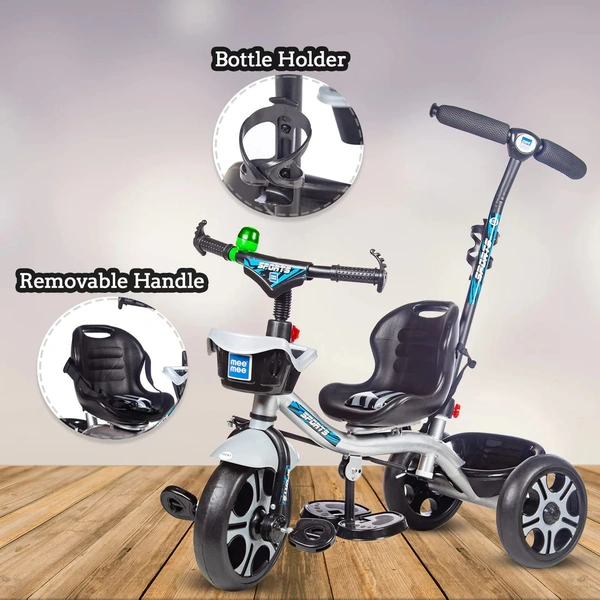 MEE MEE PREMIUM BABY TRICYCLE WITH ADJUSTABLE PARENT HANDLE & CUSHIONED SEAT (SILVER)