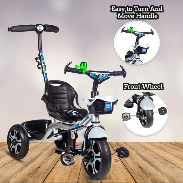 MEE MEE PREMIUM BABY TRICYCLE WITH ADJUSTABLE PARENT HANDLE & CUSHIONED SEAT (SILVER)