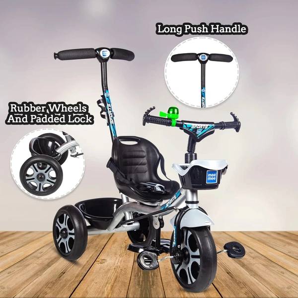 MEE MEE PREMIUM BABY TRICYCLE WITH ADJUSTABLE PARENT HANDLE & CUSHIONED SEAT (SILVER)
