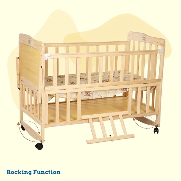 MEE MEE ROCKING WOODEN BABY COT WITH MOSQUITO NET | ADJUSTABLE HEIGHT BABY CRIB BED