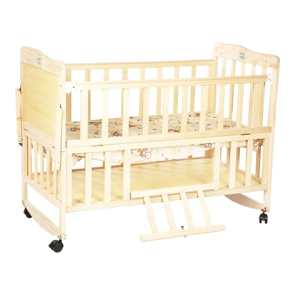 MEE MEE ROCKING WOODEN BABY COT WITH MOSQUITO NET | ADJUSTABLE HEIGHT BABY CRIB BED