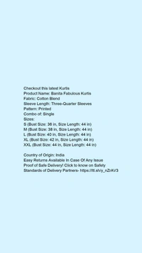 *Banita Fabulous Kurtis*Fabric: Cotton BlendSleeve   - L (Bust Size: 40 in, Size Length: 44 in)