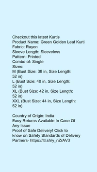Checkout this latest KurtisProduct Name: *Green Golden Leaf Kurti*Fabric: RayonSleeve Length  - XXL