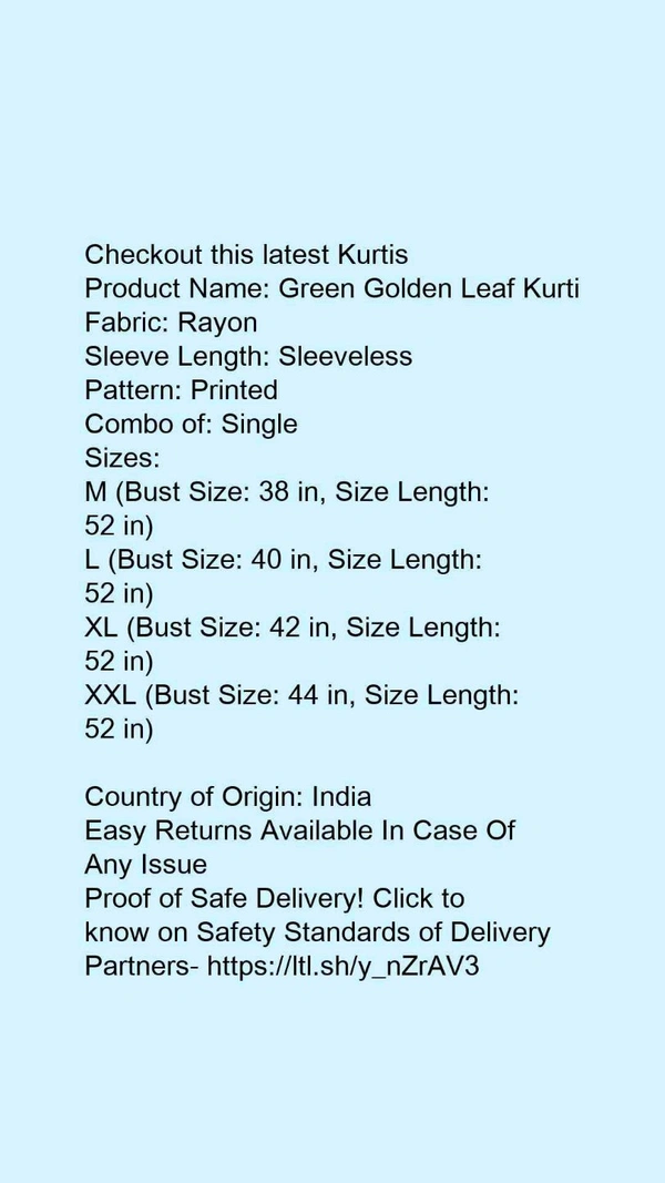 Checkout this latest KurtisProduct Name: *Green Golden Leaf Kurti*Fabric: RayonSleeve Length  - XXL